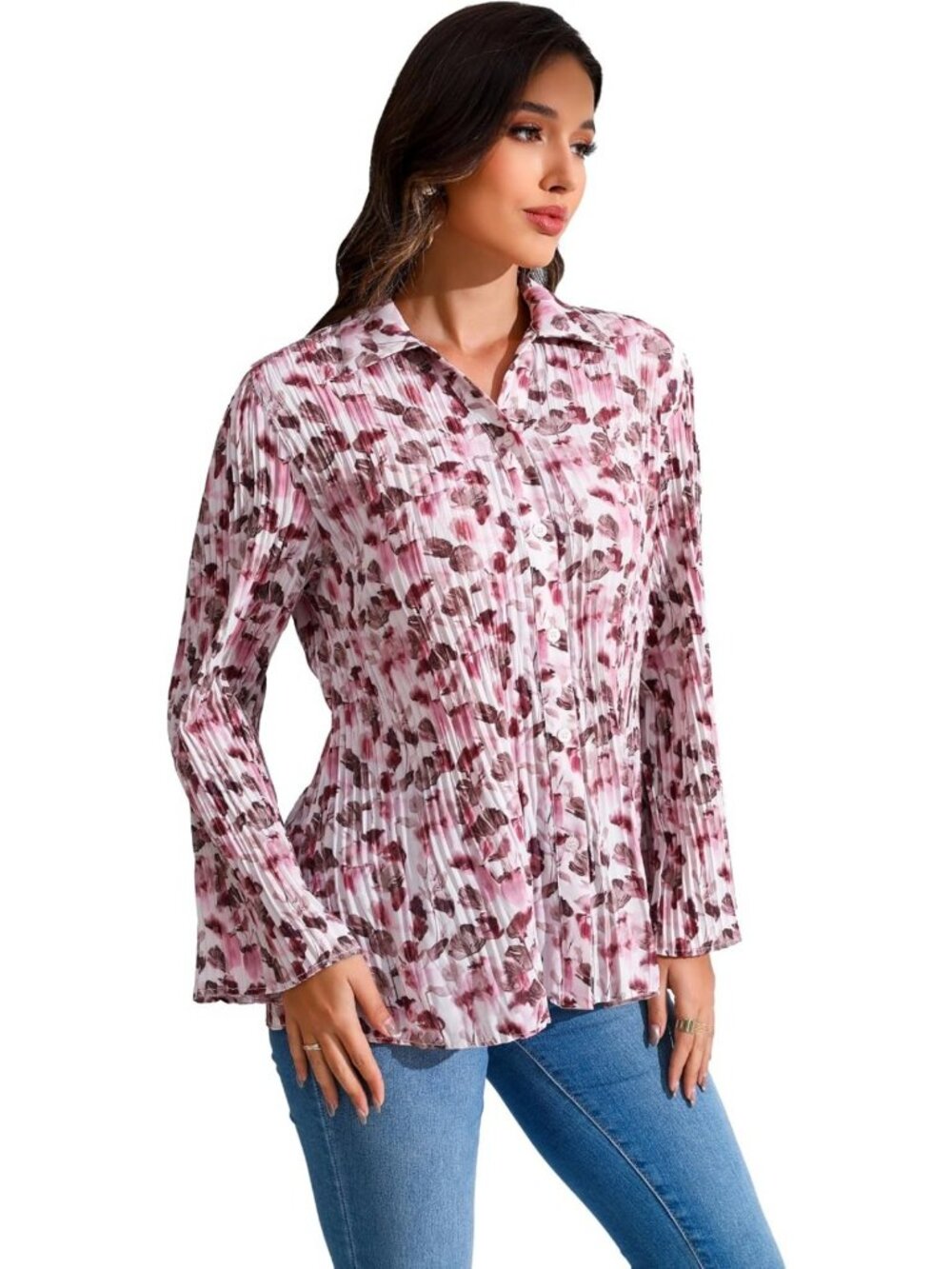 Floral Long Sleeve Button Down Blouse - Dressy Pleated Top for Women